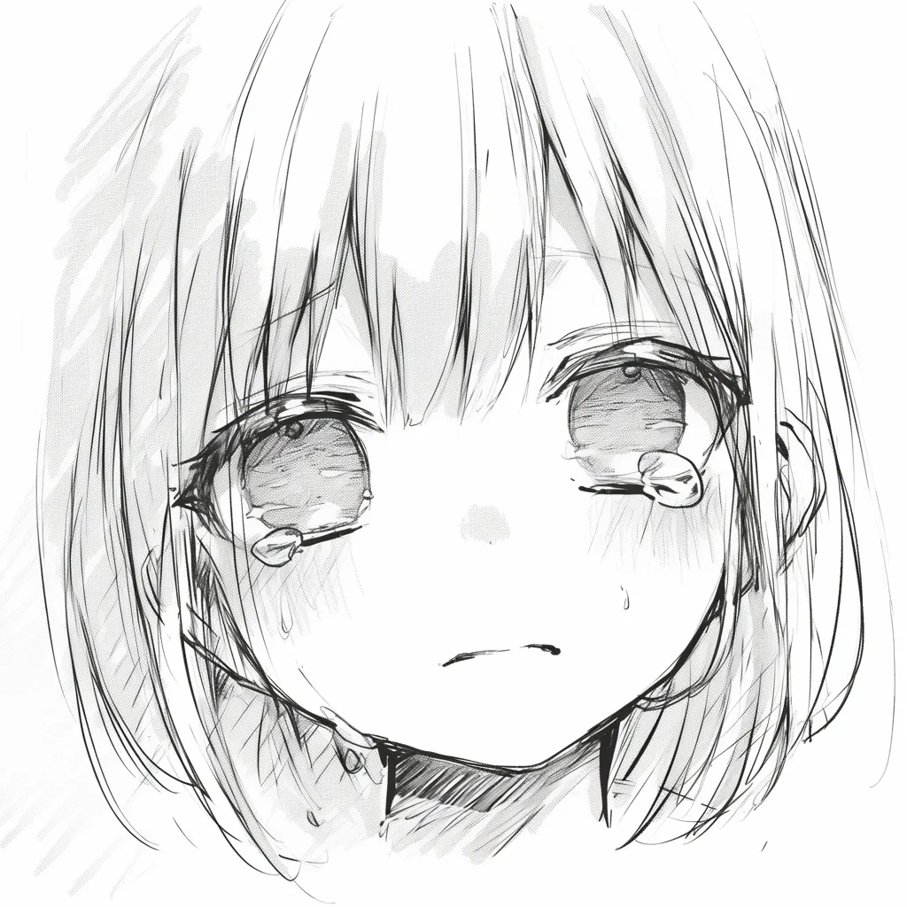 顔アップ（泣き顔）｜【基本構造】正面からの描き方で、瞳に大粒の涙を溜め、頬を濡らす描写を入れています。眉は垂れ、口は結ばれています。<br>【演出の方向性】涙の量と濃い陰影で強い悲しみを演出。無力感と切なさを前面に押し出し、観る者の感情を揺さぶる表現です。<br>