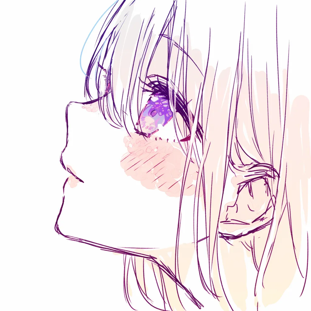 耳の横顔描き方｜【基本構造】頭部の輪郭に沿って耳を斜め楕円形に配置し、内側の軟骨を線で簡略化した描き方です。耳の位置は目尻から鼻先の高さに合わせています。<br>【演出の方向性】最小限の線で処理することで柔らかさが保たれ、髪の毛や頬の赤みと調和して控えめな存在感になります。<br>