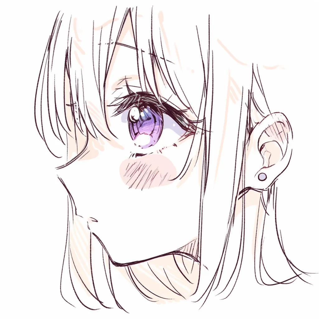 かわいい耳の横顔｜【基本構造】斜め横顔を中心に、耳の形をシンプルに描き方として整理し、輪郭線を柔らかくまとめています。<br>【演出の方向性】髪の隙間から見える小さな耳を強調することで、素朴さと幼さが際立ち、自然なかわいらしさを演出しています。<br>