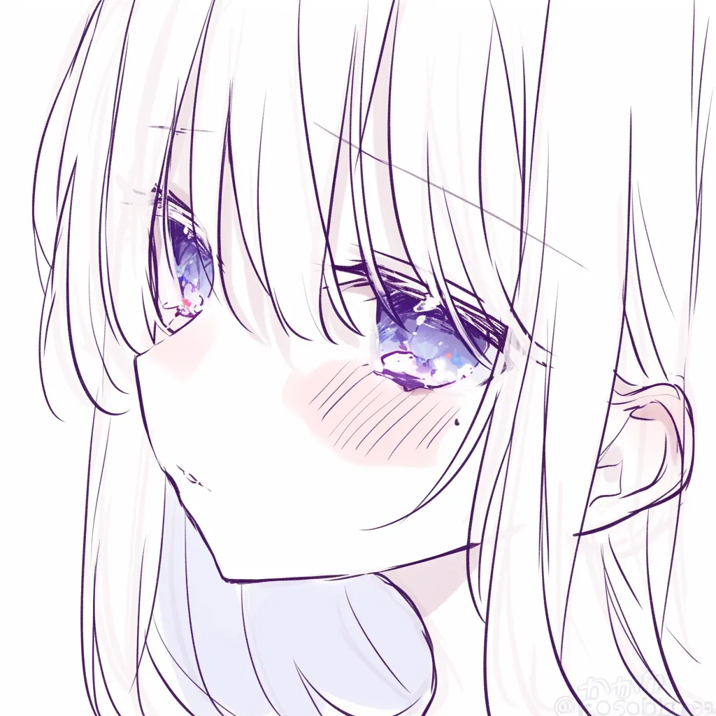 かわいい耳のきらめき｜【基本構造】やや俯き加減の顔に、瞳と耳の位置関係を整える描き方で構築し、髪に覆われた輪郭の中から耳を配置しています。<br>【演出の方向性】瞳に星空のような輝きを加える一方で耳は控えめに描かれ、繊細で守りたくなる印象を引き出しています。<br>