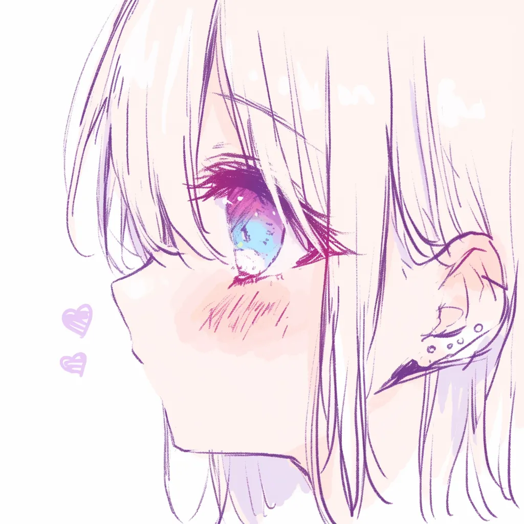 かわいい耳の赤み｜【基本構造】横顔を強調した描き方で、耳の内側に丁寧な線を引き、頬や耳に赤みを重ねています。<br>【演出の方向性】赤らむ頬から耳へと広がる色彩が恥じらいや甘さを表現し、可憐で親密な印象を高めています。<br>