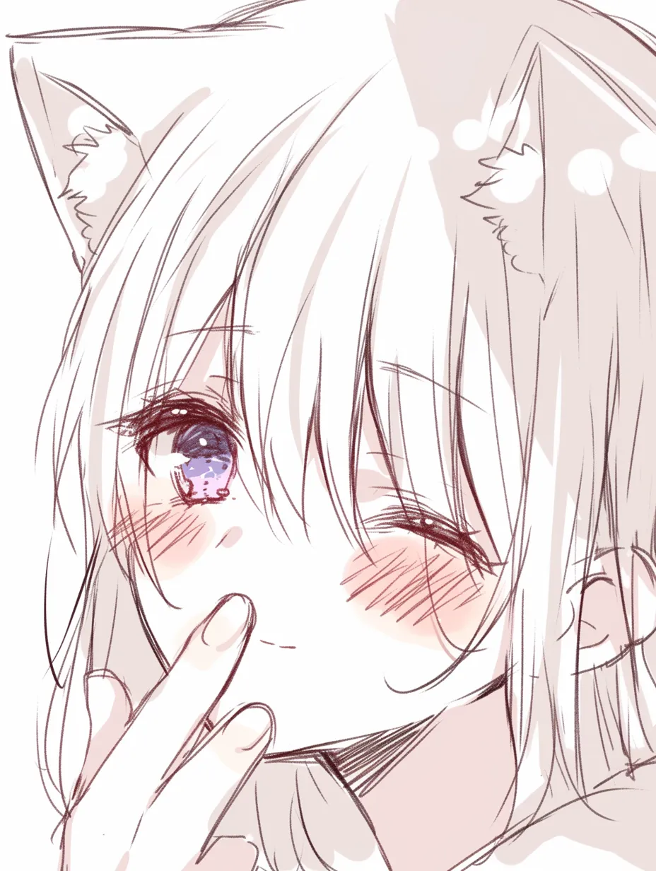 猫耳のほほえみ｜【基本構造】やや正面寄りのアングルで、両耳を髪から覗かせる描き方を用い、片目を閉じて指を口元に添えています。<br>【演出の方向性】頬の赤みと目元の柔らかさが猫耳と合わさり、無邪気で愛嬌たっぷりの雰囲気を醸しています。<br>