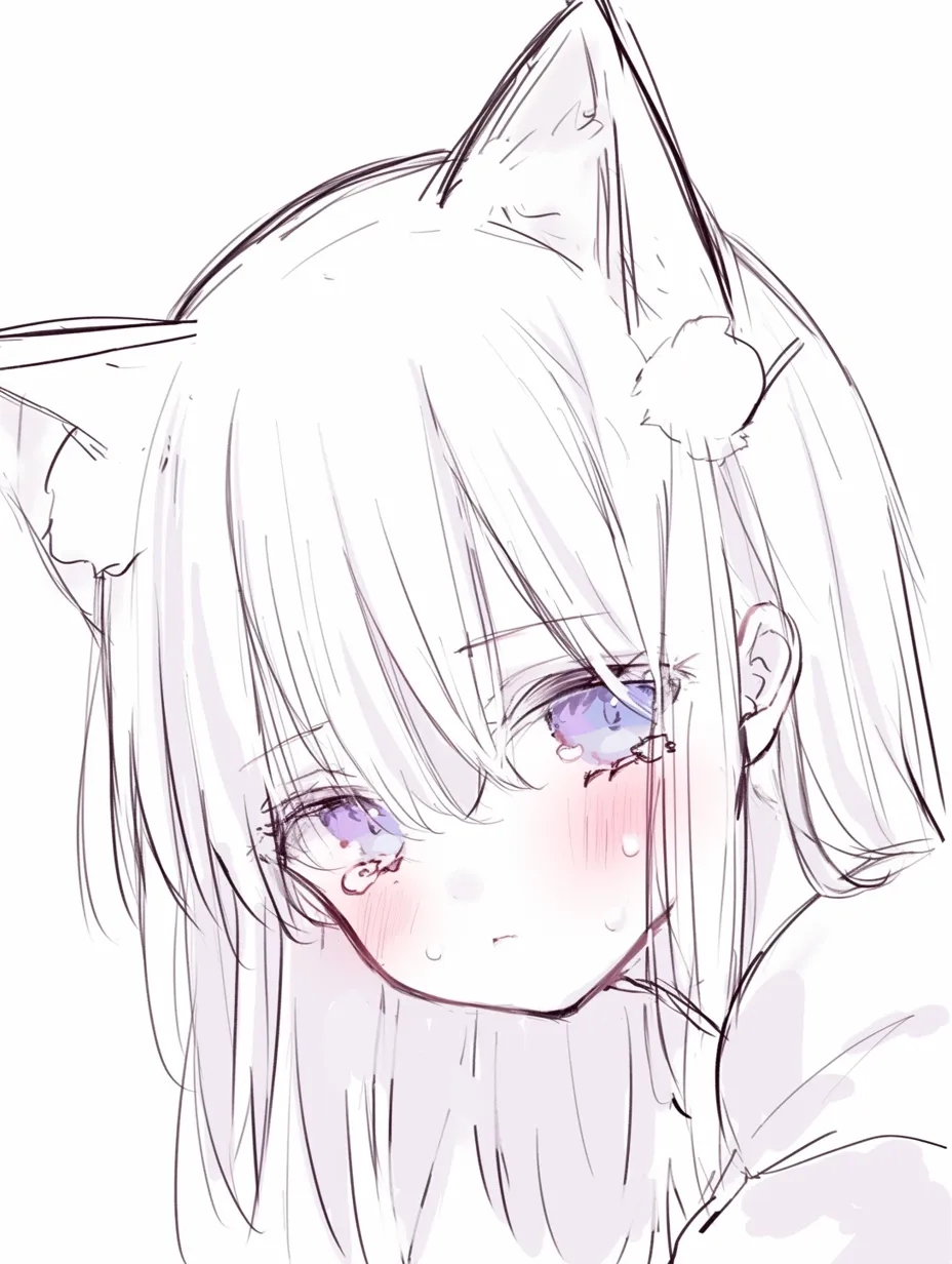 猫耳の涙目｜【基本構造】横顔に近い角度で猫耳を配置する描き方で、視線を下げて頬を赤らめています。<br>【演出の方向性】涙が溢れる瞳と赤く染まった耳が、切なさと弱さを際立たせ、守りたくなる印象を強調しています。<br>