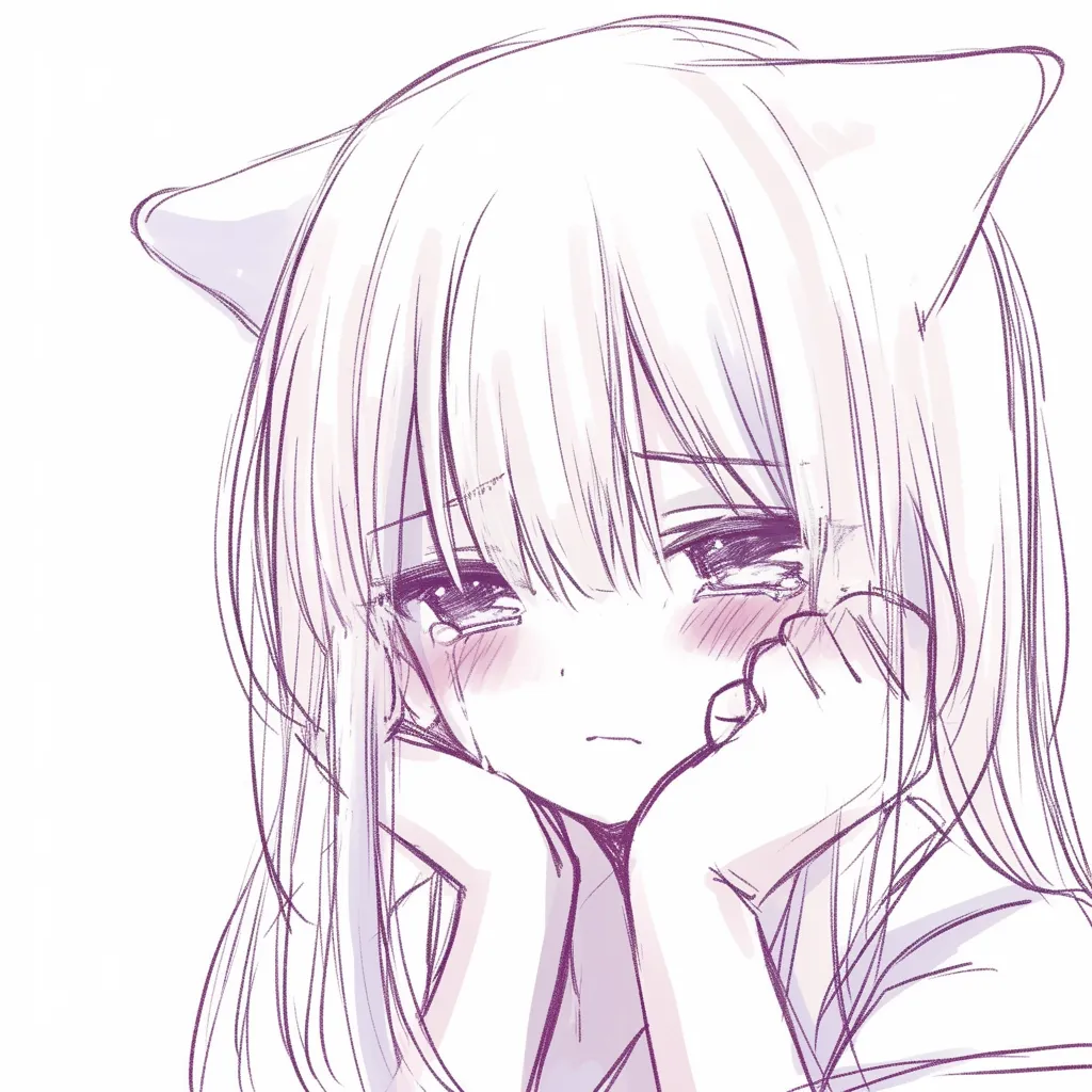 猫耳のすすり泣き|【基本構造】正面から少し傾いた角度で猫耳を描き方に組み込み、両手を頬に添えて表情を覆い隠しています。<br>【演出の方向性】涙と頬の赤みが重なり、猫耳とあわせて幼く儚い雰囲気を強調しています。観る側に同情を呼び起こす表現です。<br>