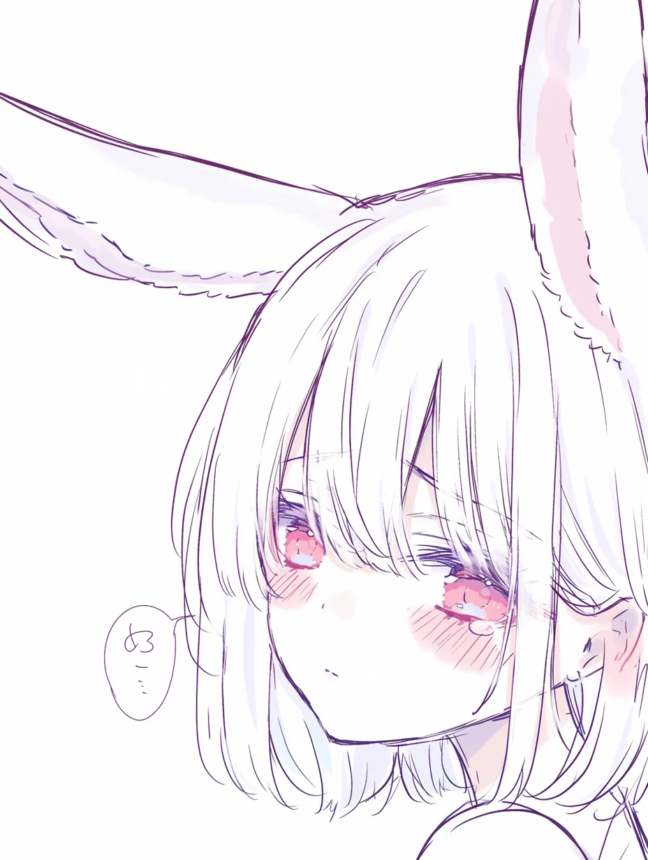 ウサ耳の上目づかい｜【基本構造】短めの髪型に長い耳を加える描き方で、顔を傾けながら視線を上げています。<br>【演出の方向性】半開きの瞳と赤みを帯びた表情が組み合わさり、甘えと誘惑が同時に感じられる印象を作り出しています。<br>