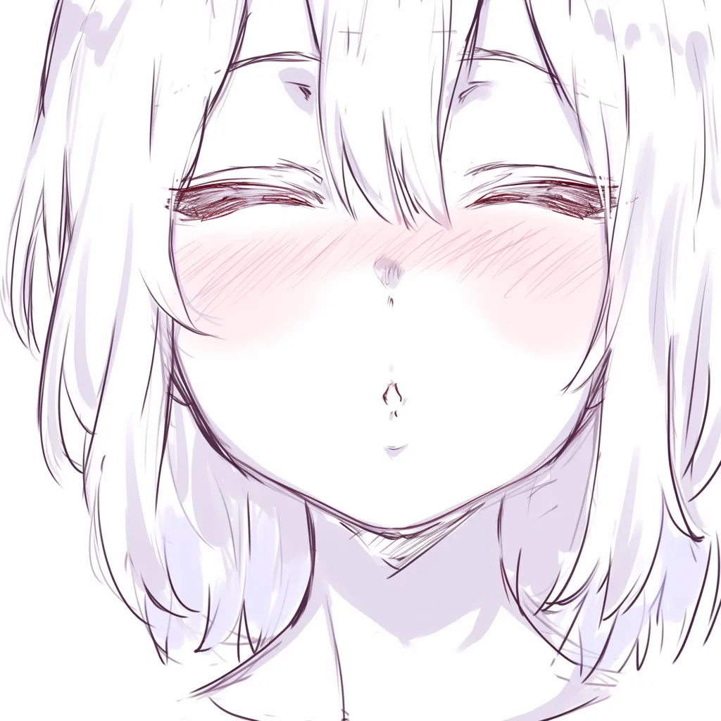 顔アップ（キス顔）｜【基本構造】正面の描き方で、目を閉じ、口をすぼめた形を強調しています。髪が頬を囲み、顔全体を中央に寄せています。<br>【演出の方向性】強い赤面と閉じた目で恥ずかしさを演出。甘さと可愛らしさが前面に出て、コミカルかつ愛情的な印象を与えます。<br>