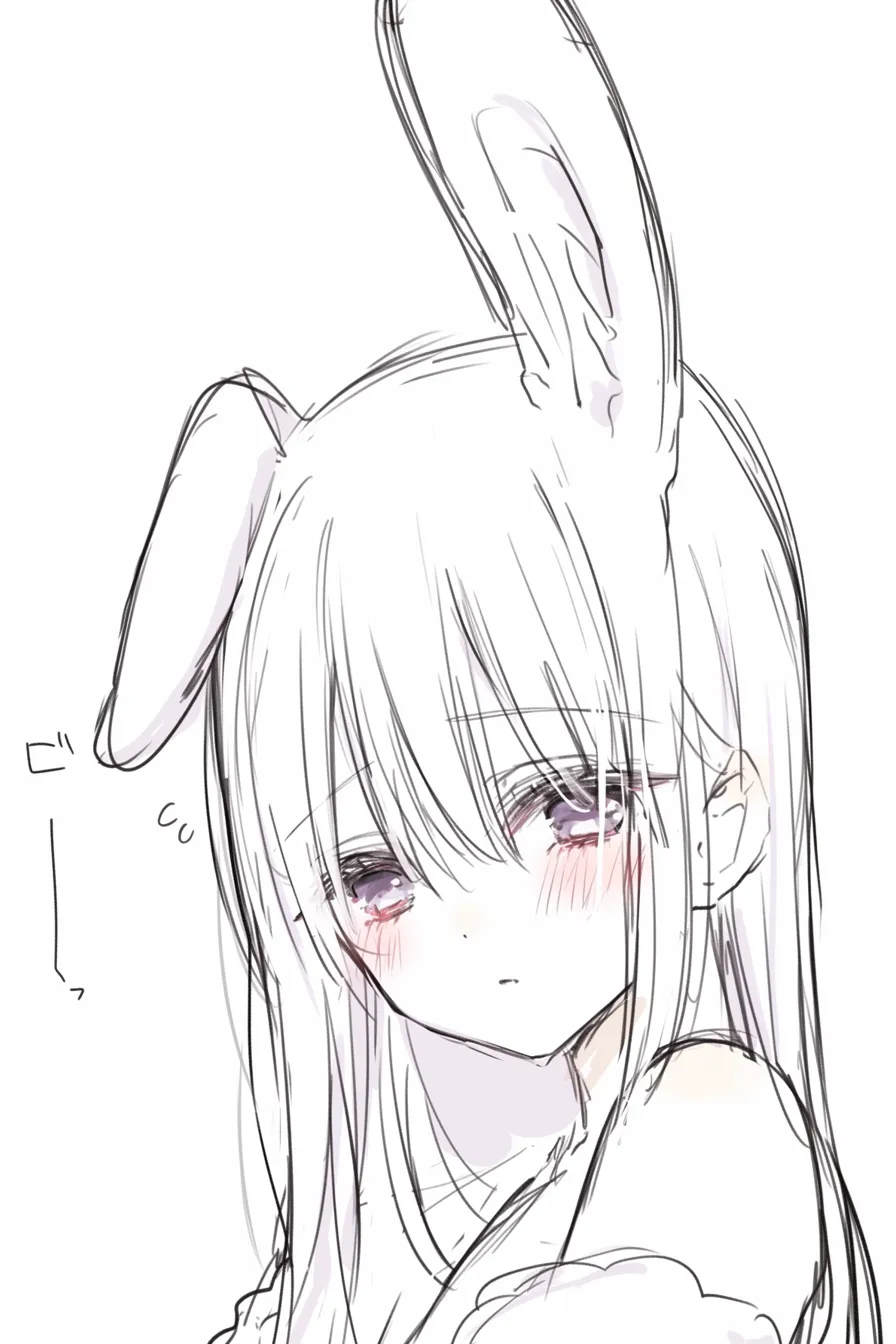 ウサ耳のしょんぼり|【基本構造】片耳を垂らすように描き方を工夫し、正面からの角度で肩越しに視線を送っています。<br>【演出の方向性】耳の下がり方と寂しげな瞳が共鳴し、儚さや落ち込みを感じさせる演出になっています。<br>