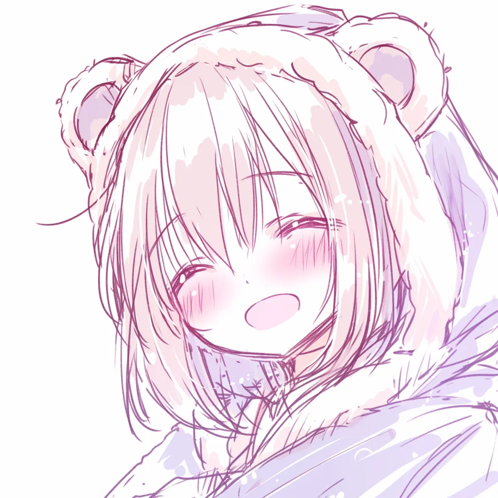 くま耳の大笑顔｜【基本構造】正面に近い角度でフード付きのくま耳を描き方として配置し、口を大きく開けて笑う表情にしています。<br>【演出の方向性】頬の赤みと大きな口の笑顔が合わさり、無邪気で元気いっぱいな印象を与えています。<br>