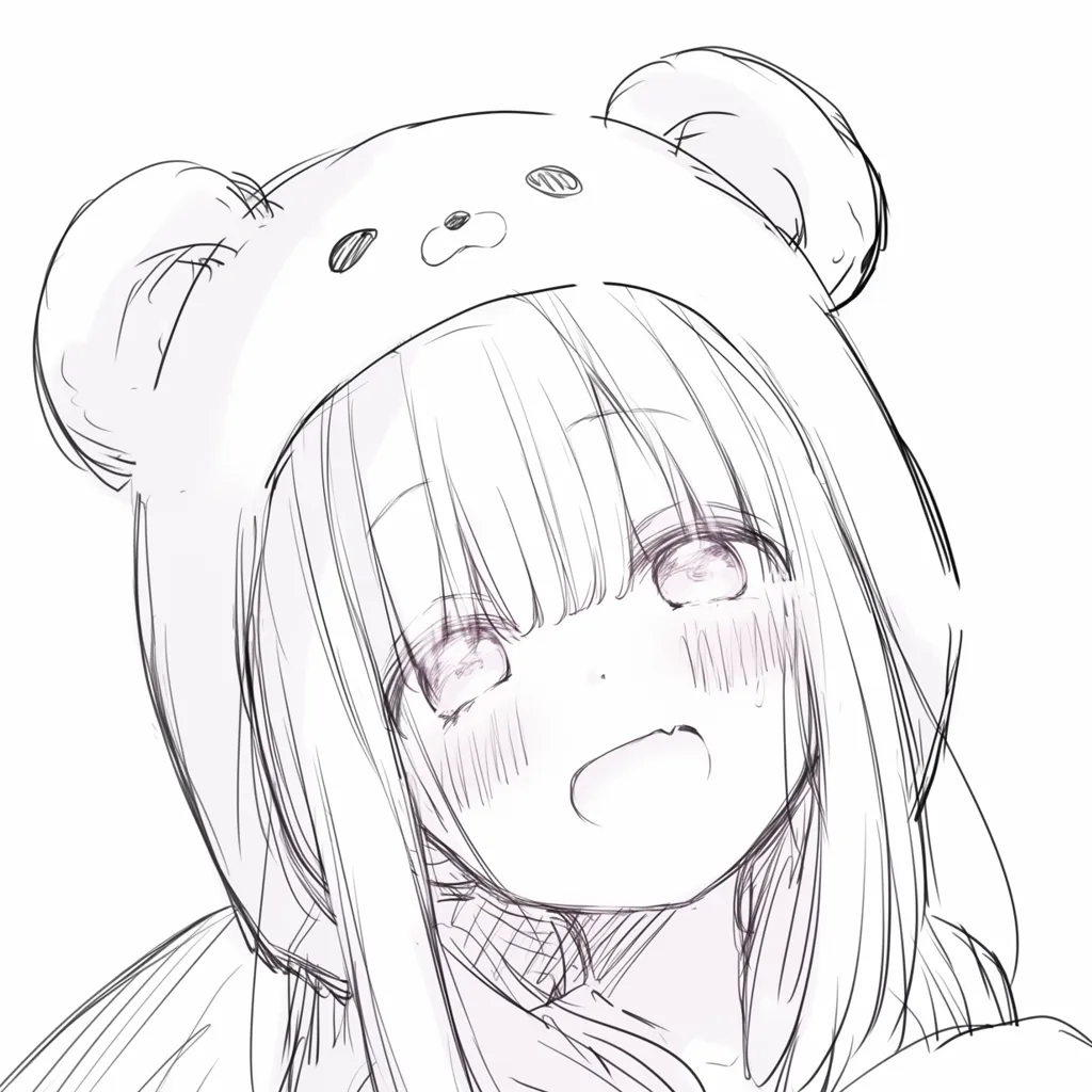 くま耳のフード姿|【基本構造】くま耳付きフードを正面から描き方に組み込み、口を開けた表情を描いています。<br>【演出の方向性】フードの厚みと丸耳が相まって、冬の温かみと愛嬌が強調され、親しみやすさを演出しています。<br>