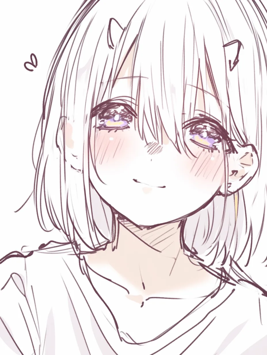 角の小さな笑顔|【基本構造】正面寄りの構図で短い角を前髪の隙間に描き方として配置し、柔らかい口元の微笑みを添えています。<br>【演出の方向性】小さめの角と頬の赤みが調和し、角の存在感を保ちつつも可愛らしさを前面に出した表現になっています。<br>