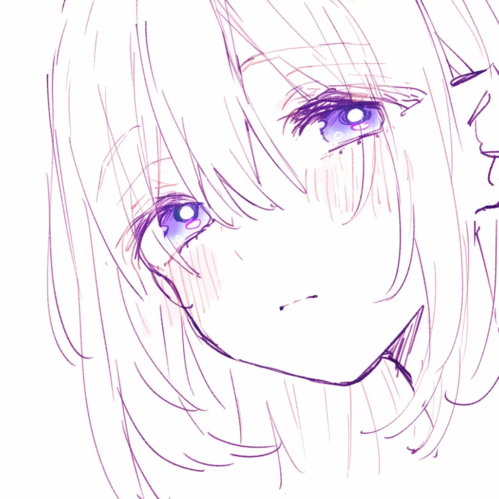 口の正面視線｜【基本構造】正面構図で口を小さく描き方を抑え、眼差しを中心に据えることでバランスを取り、頬の赤みと眉の角度が感情を支えています。<br>【演出の方向性】口元の閉じ具合が曖昧さを与え、視線の揺らぎと相まって切なさや頼りなさを強調しています。<br>