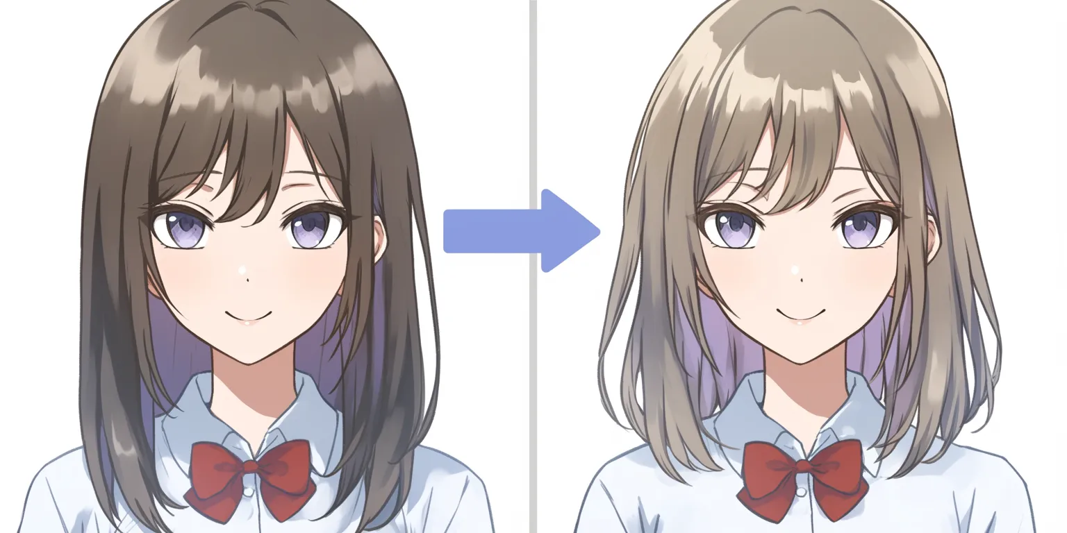 髪ハイライトの変化表現｜【基本構造】同一人物をビフォーアフター形式で描き方を整理し、髪色の変化とともに光の入り方も調整しています。<br>【演出の方向性】ハイライトの配置を変えることで印象が明るく刷新され、軽やかで親しみやすい雰囲気を生んでいます。髪の光の扱いが外見の印象を大きく左右する例です。<br>