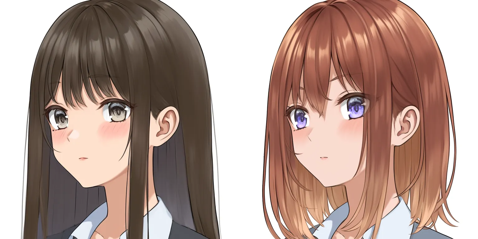 髪ハイライトの色彩差｜【基本構造】正面寄りの描き方で、左は暗い黒髪に均一な光を、右は赤みのある髪色に段階的な光沢を重ねています。<br>【演出の方向性】黒髪は端正で落ち着いた印象を生み、赤茶髪は鮮やかさと軽やかさを強調します。ハイライトの彩度と髪色の組み合わせで感情の温度感を操作しています。<br>