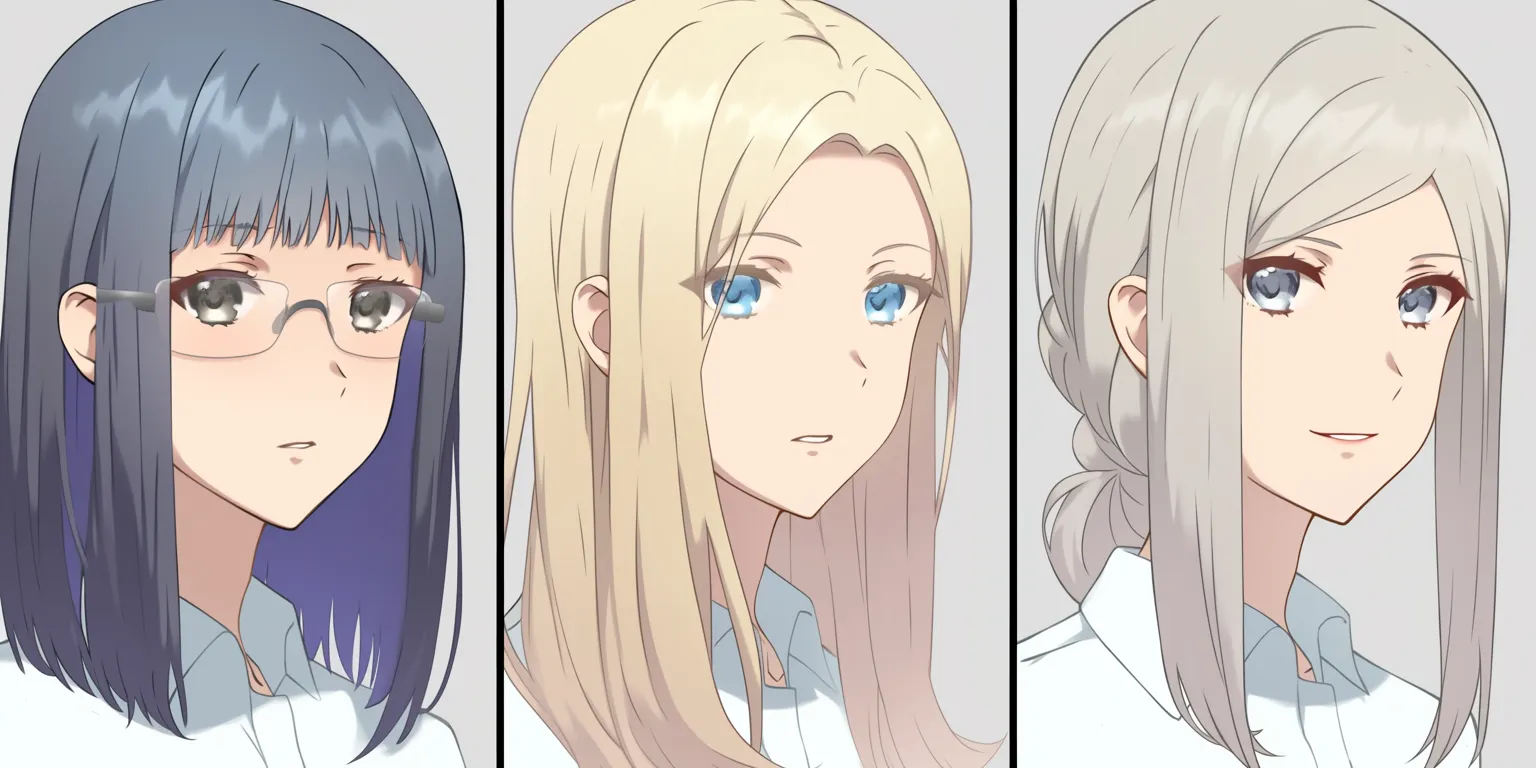 髪ハイライトの多様性｜【基本構造】3人の横顔を並列する描き方で、直髪・金髪・編み込みと髪型ごとにハイライトの入り方を変えています。<br>【演出の方向性】直線的な光沢は知的さ、広い面に広がる光は明るさ、編み込みに沿った光は柔らかさを演出しています。髪型の違いをハイライトでさらに際立たせる効果があります。<br>