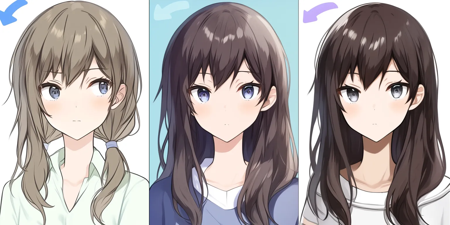 髪ハイライトの方向性｜【基本構造】前髪や毛束の流れに沿った描き方で、左から右へ髪型と光の方向を変化させています。矢印の補助要素が髪の向きを示しています。<br>【演出の方向性】光の当たり方を変えることで、同じキャラクターでも柔和・中性的・鋭さといった異なる印象を与えています。髪のハイライトがキャラクター性を左右する好例です。<br>