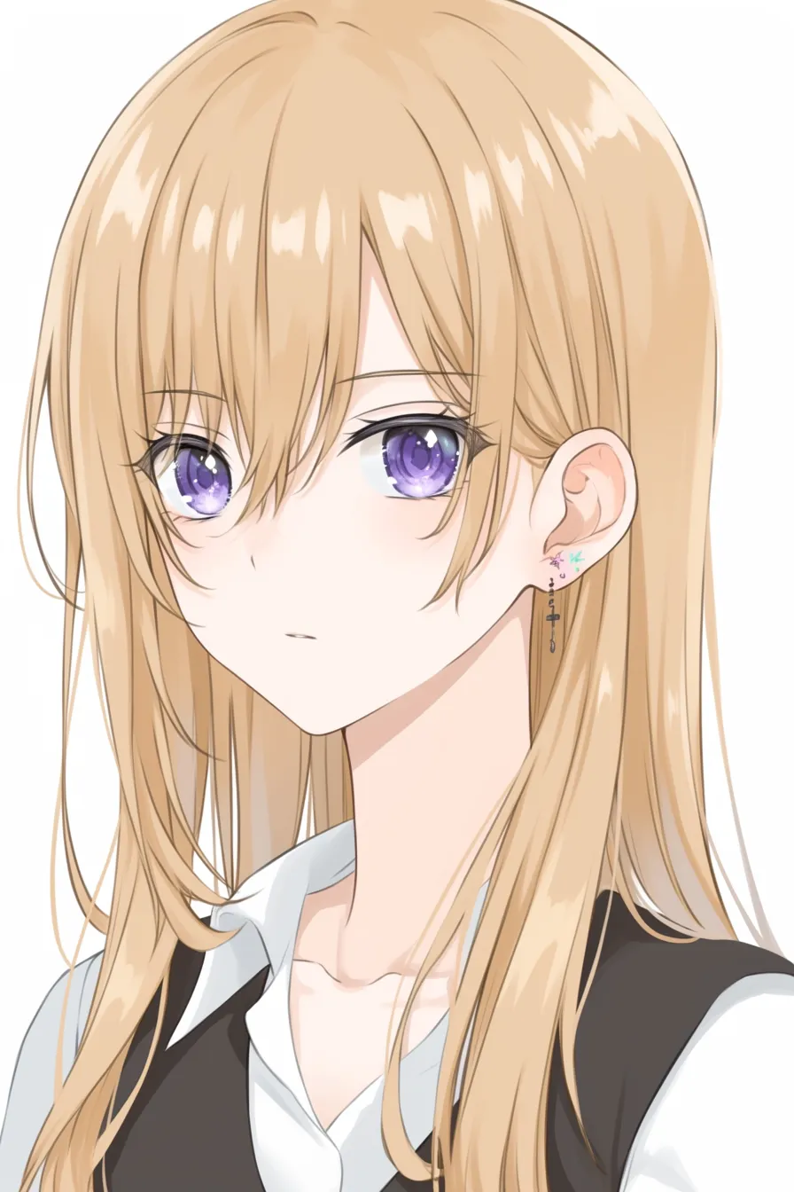 髪型の金髪ロング｜【基本構造】前髪を目元まで落とし、サイドに自然に流す描き方で、縦のラインを強調しています。毛先は肩下まで伸ばし、全体をストレートで整理しています。<br>【演出の方向性】長い前髪が瞳を部分的に隠し、クールで知的な雰囲気を強調しています。イヤリングのアクセントと相まって大人びた印象を演出します。<br>