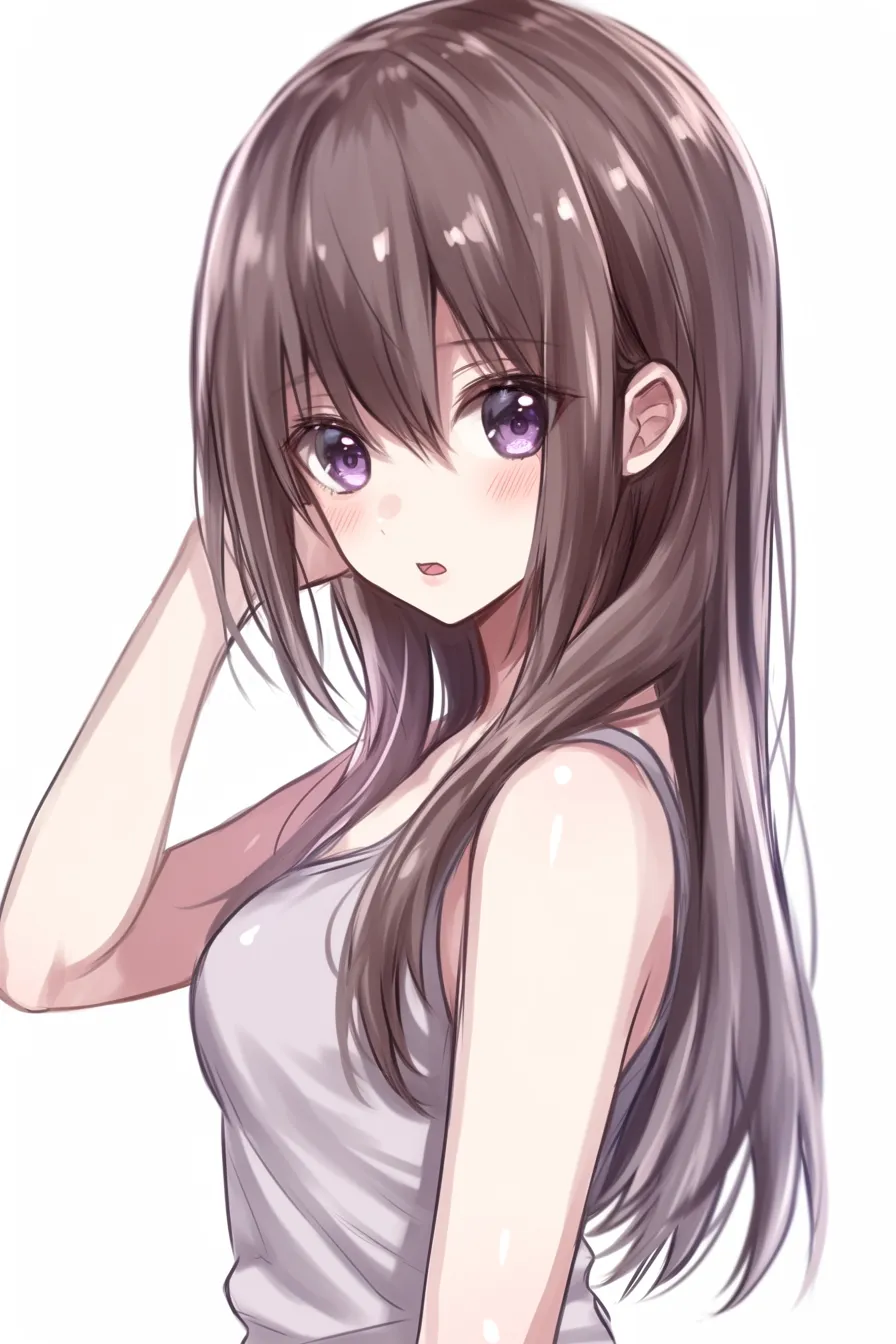 かわいい髪型のロングストレート｜【基本構造】長い髪を自然に下ろし、肩越しのポーズで髪のボリュームを描き方で表しています。手を添える仕草がアクセントになっています。<br>【演出の方向性】艶やかな髪が清楚さを際立たせ、頬の赤みと大きな瞳が無邪気な魅力を演出しています。<br>