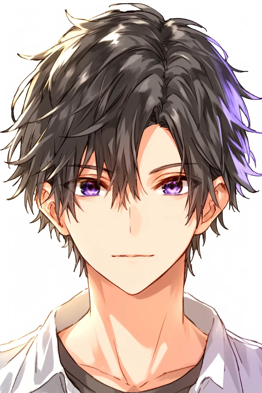 髪型　男のナチュラルショート｜【基本構造】全体を軽く整え、毛先に動きを出す描き方で、耳を少し出すことで明るさを加えています。<br>【演出の方向性】清潔感のある髪型と柔らかな笑顔が、信頼感や親近感を強調し、爽やかで誠実な雰囲気を作ります。<br>