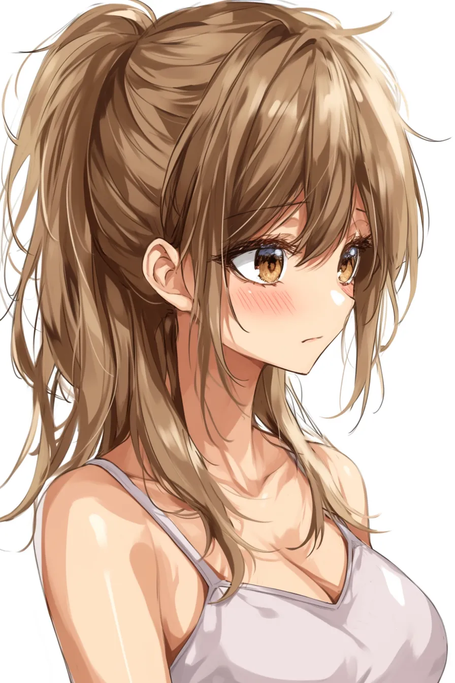 髪型　女の子（茶髪ポニーテール）｜【基本構造】正面寄りの横顔に近い角度で、胸元まで落ちる量感のあるポニーテールを描き方に取り入れています。肩の動きと髪の流れを合わせることで立体感が生まれています。<br>【演出の方向性】赤みを帯びた頬と潤んだ瞳で恥じらいを演出し、柔らかい髪色が親しみやすさを強めています。少し緊張感を含んだ雰囲気で、可憐さを引き立てています。<br>