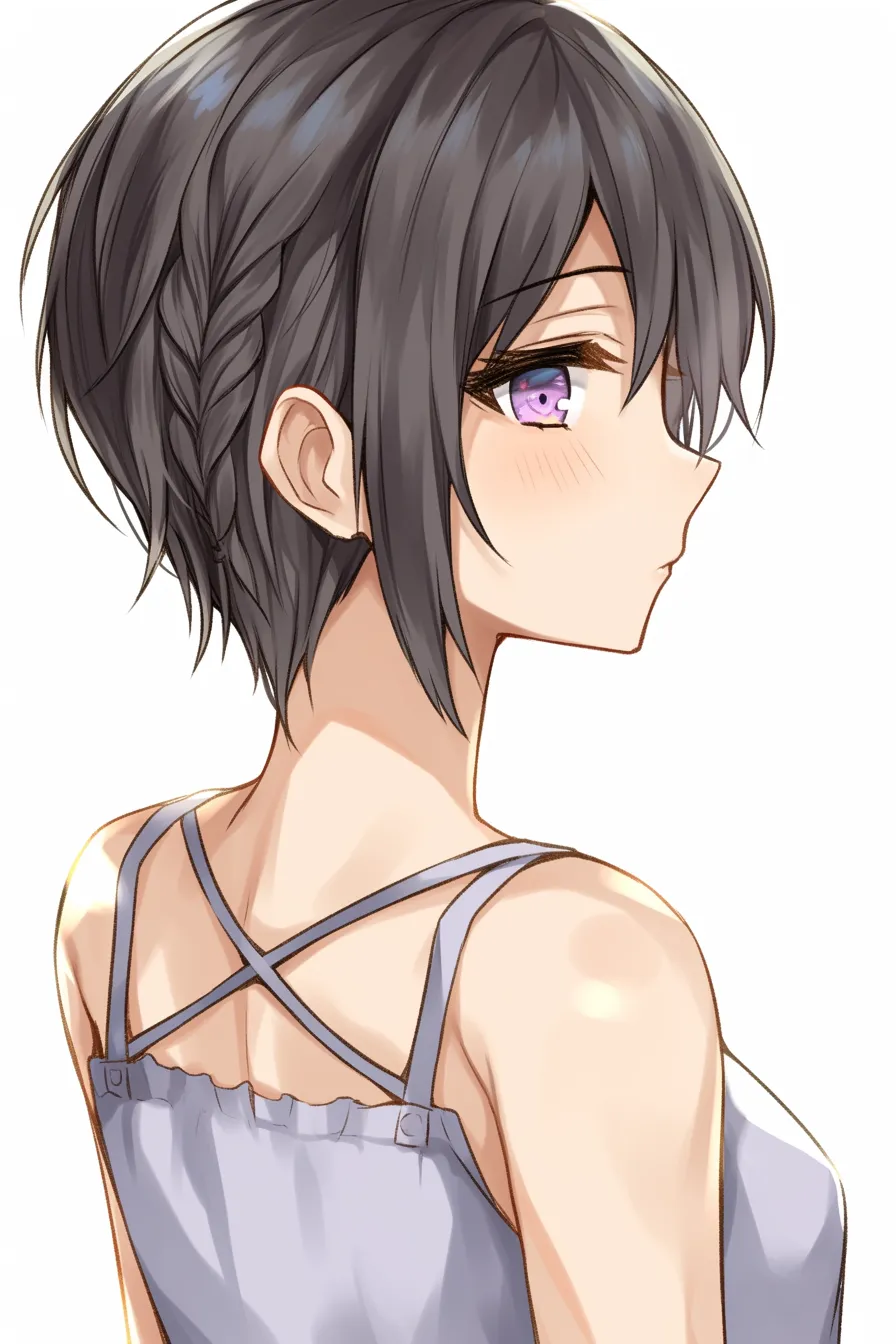 髪型　女の子（黒髪ショート編み込み）｜【基本構造】短めの髪を後頭部で編み込みにまとめ、横顔をシルエット的に強調する描き方です。背筋を伸ばした姿勢と合わせて、すっきりとしたラインが特徴です。<br>【演出の方向性】暗めの髪色と紫の瞳の対比が際立ち、知的で落ち着いた印象を生みます。編み込みのディテールが手間のかかった雰囲気を加え、丁寧さや誠実さを演出しています。<br>