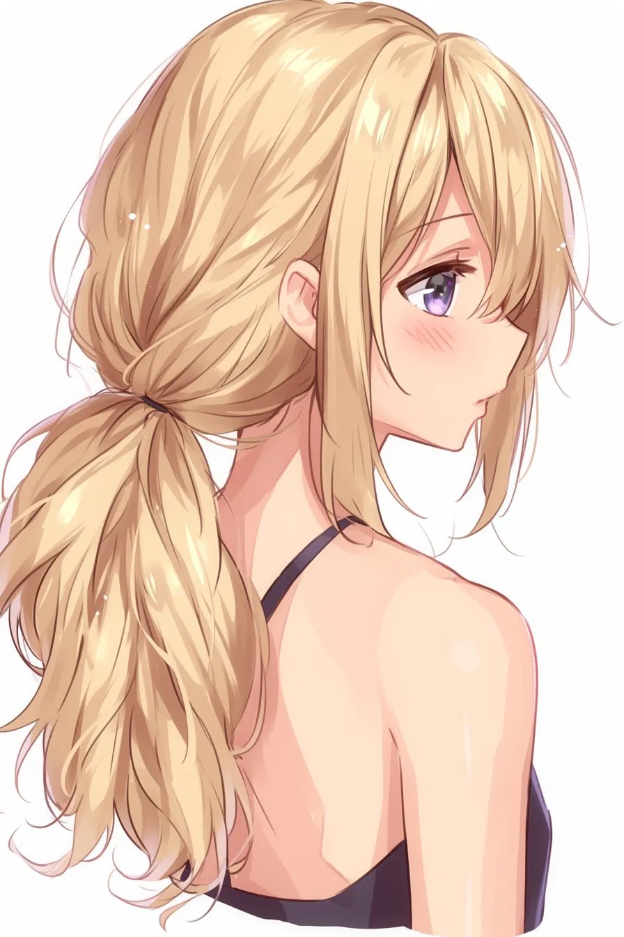 髪型　女の子（金髪ローポニー）｜【基本構造】首筋の位置でまとめたローポニーの描き方で、肩越しに流れる髪のボリューム感を強調しています。視線は横向きで、落ち着いた輪郭が強調されています。<br>【演出の方向性】髪で片目を隠す構図がミステリアスな印象を作り、控えめな口元が上品な静けさを与えています。大人びた雰囲気を漂わせつつも優しさがにじむ表現です。<br>