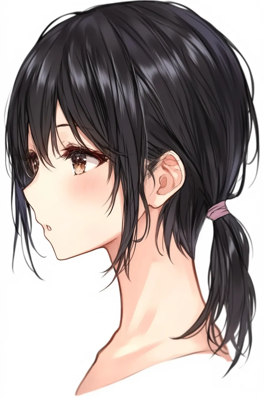 髪型　女の子（黒髪ローポニー）｜【基本構造】下位置に結んだシンプルなポニーテールの描き方で、首筋から肩へのラインを自然に見せています。視線は横方向で、やや無表情気味な輪郭整理です。<br>【演出の方向性】黒髪の艶と素朴なまとめ方が落ち着きと清楚さを演出し、頬の赤みがさりげない感情を添えています。過度な装飾を排した分、素直な魅力が前面に出ています。<br>
