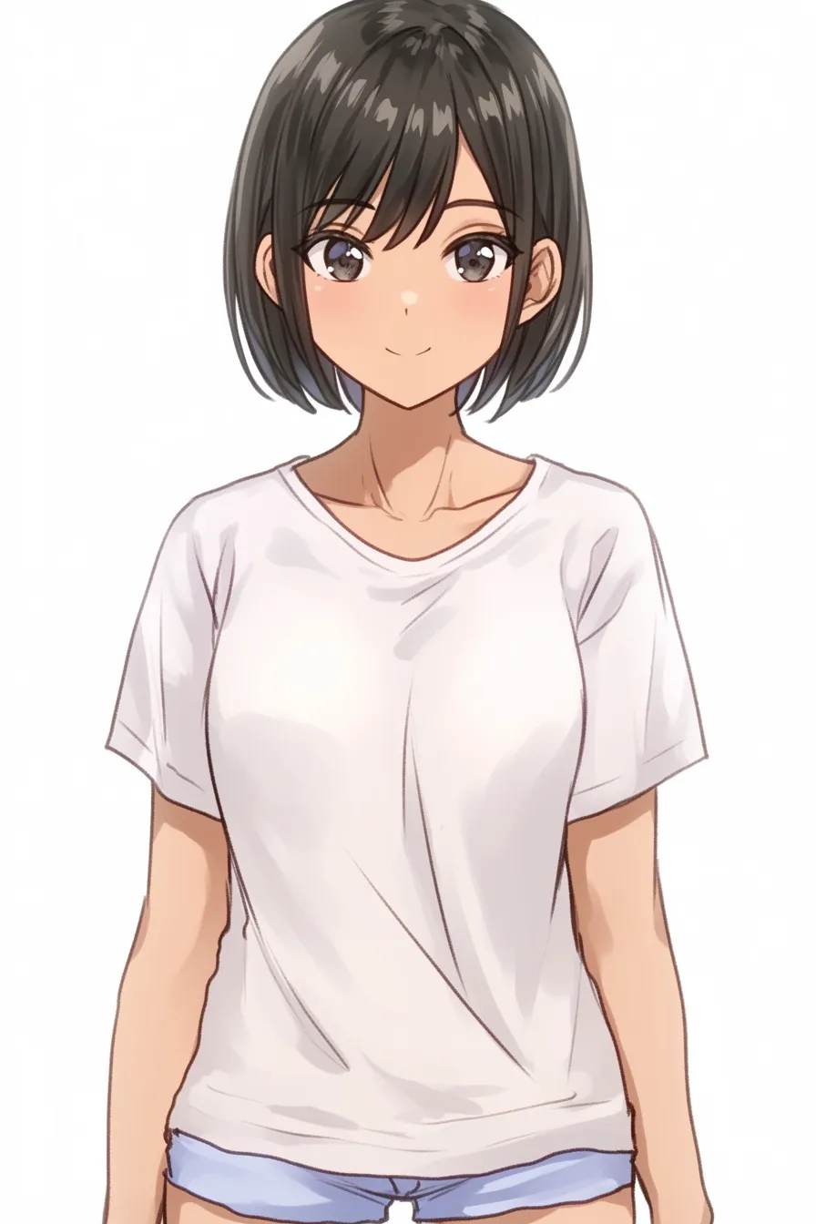 髪型　女の子（黒髪ボブ＋Tシャツ）｜【基本構造】肩にかかる短めのボブをストレートに描き、正面からの立ち姿を整える描き方です。体全体を収め、服装のシンプルさを活かしています。<br>【演出の方向性】自然な笑みとリラックスしたポーズが健康的な印象を与えます。飾らない髪型とTシャツの組み合わせが、素朴で明るい親近感を演出しています。<br>