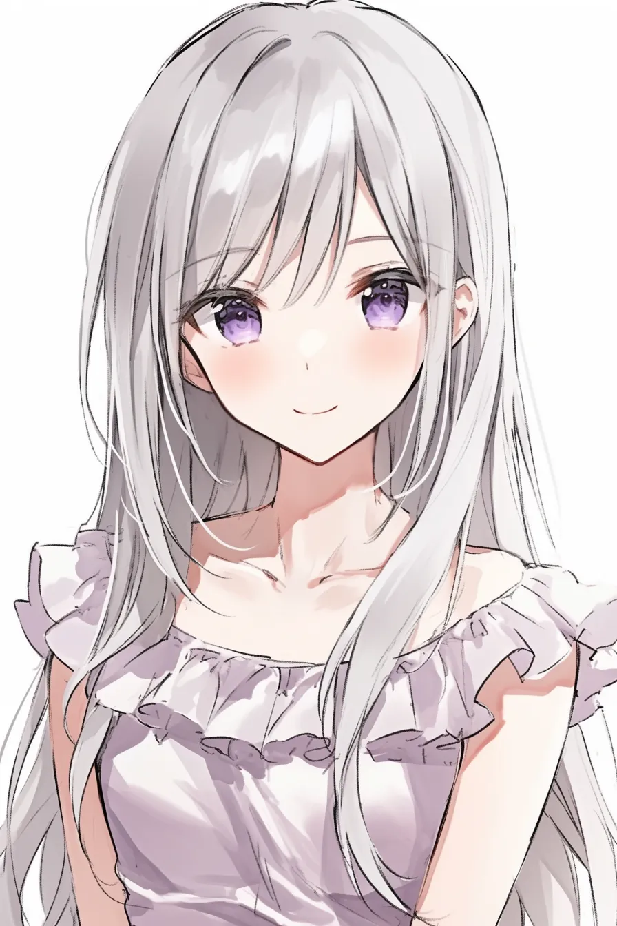 髪型　女の子（白髪ロング）｜【基本構造】肩より下まで流れるストレートロングの描き方で、顔周りの毛束を前に落として柔らかな輪郭を作っています。正面向きの安定した構図です。<br>【演出の方向性】白髪と紫の瞳が幻想的な雰囲気を与え、微笑みが清らかさと優しさを強調しています。繊細な衣装と合わせることで、透明感と儚さを持つキャラクター性が際立っています。<br>