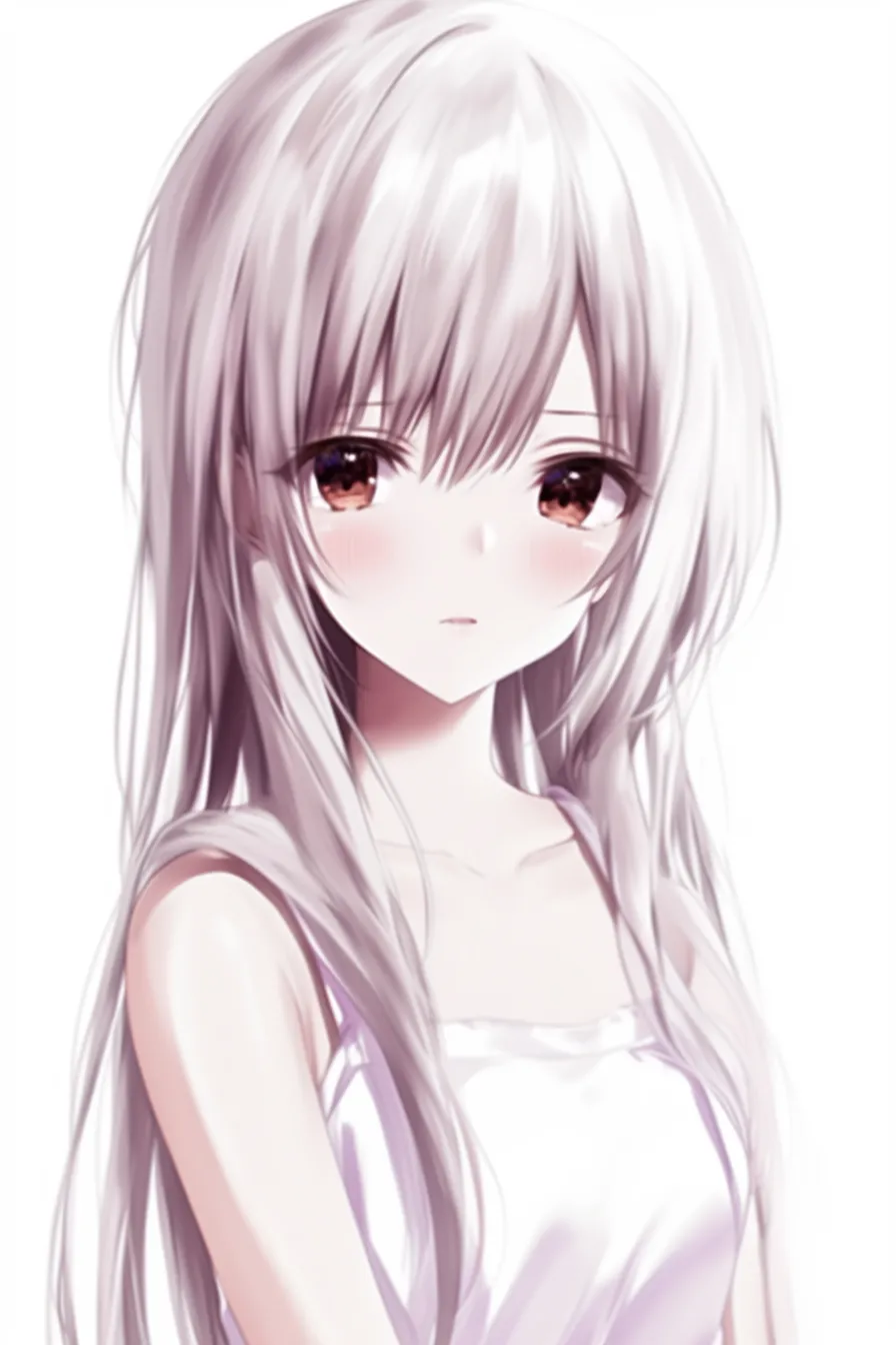 前髪　女の子（白髪ロング＋厚め前髪）｜【基本構造】胸元まで伸びるストレートロングに、眉を隠す厚めの前髪を組み合わせた描き方です。視線はやや下げ気味で、全体の輪郭は柔らかく整えられています。<br>【演出の方向性】前髪の影が瞳に落ち、儚げで繊細な印象を強めています。無表情に近い口元が透明感をさらに引き立て、静かな存在感を演出しています。<br>
