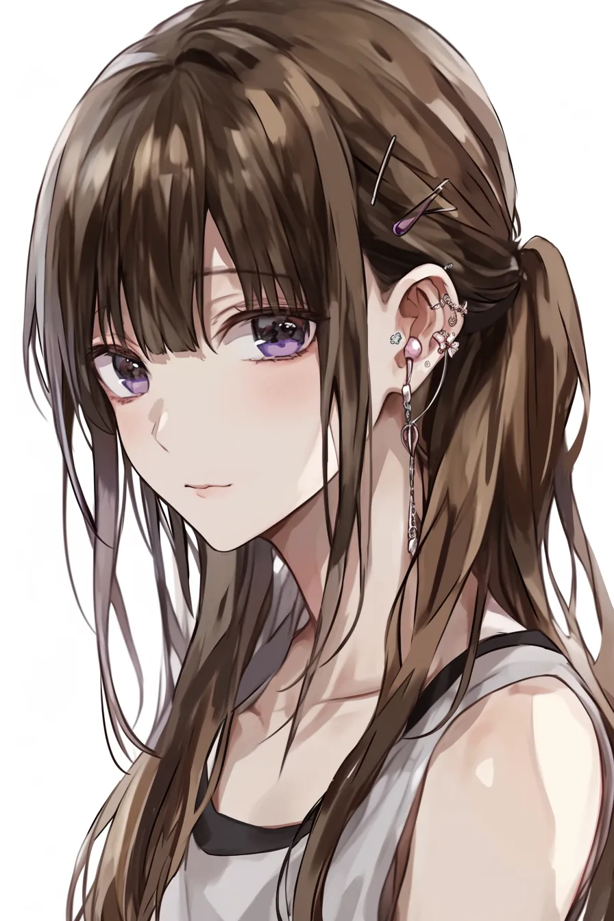 前髪　女の子（ブラウン＋アクセサリー）｜【基本構造】額を覆う長さの前髪を中心に、ピンで留めて左右に散らす描き方です。横髪をタイトにまとめ、耳元を露出させています。<br>【演出の方向性】ピアスやヘアピンの装飾が個性を強調し、軽い微笑みと組み合わせることで大人っぽさと遊び心が同居した印象になります。華やかなキャラクター性を演出できます。<br>