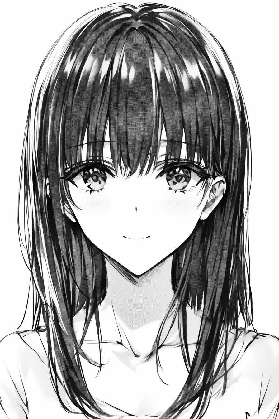 前髪　女の子（モノクロストレート）｜【基本構造】正面向きで、額を隠す均整の取れたストレート前髪を描き方として採用しています。髪の流れはシンプルに整理され、左右対称性を強調しています。<br>【演出の方向性】漫画的なモノクロ表現により、清楚感とクラシカルな美しさが際立ちます。均等な前髪のラインが整然とした印象を与え、信頼感を持たせる演出になっています。<br>