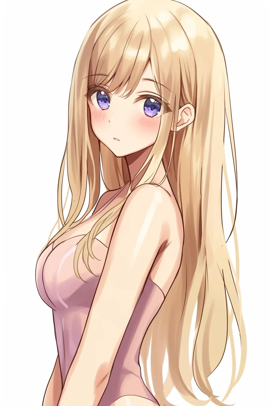 前髪　女の子（金髪ロング＋ナチュラル）｜【基本構造】胸元まで伸びるロングに、自然に分けた前髪を落とす描き方です。頬や額に軽くかかる毛束が柔らかさを添えています。<br>【演出の方向性】透け感のある髪色と前髪の軽さが少女らしい清潔感を強調し、赤らんだ頬と組み合わせることで可憐で素直な印象を与えます。<br>
