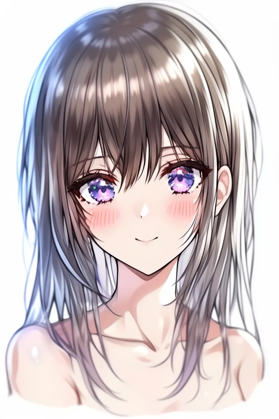 前髪　女の子（濡れ感セミロング）｜【基本構造】鎖骨までの髪に、前髪を軽く崩して束感を出す描き方です。目の上までかかる毛束を中心にランダム性を持たせています。<br>【演出の方向性】濡れたような光沢と、頬を赤らめた笑顔が合わさり、瑞々しく弾けるような雰囲気を生み出します。繊細さと若々しい生命感が表現されています。<br>