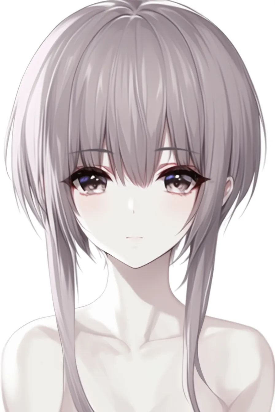 前髪　女の子（銀髪ショート＋重め前髪）｜【基本構造】あご下までのショートに、厚みのある前髪を目の上まで下ろす描き方です。左右の毛束は肩に沿わせ、全体を丸みあるシルエットにしています。<br>【演出の方向性】重めの前髪が瞳の存在感を増し、落ち着いた表情と相まって神秘的な雰囲気を演出します。淡い色彩が清涼感を強めています。<br>