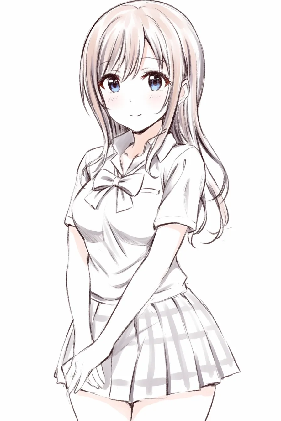前髪　女の子（制服＋柔らか前髪）｜【基本構造】前髪を額に軽く散らしながら、顔周りを覆わずにまとめる描き方です。制服姿と合わせることで全体がシンプルに整います。<br>【演出の方向性】前髪が軽やかで、笑顔と相まって清純さを強調しています。学生らしい無垢さと素直さを表現し、親しみやすさを印象付けます。<br>
