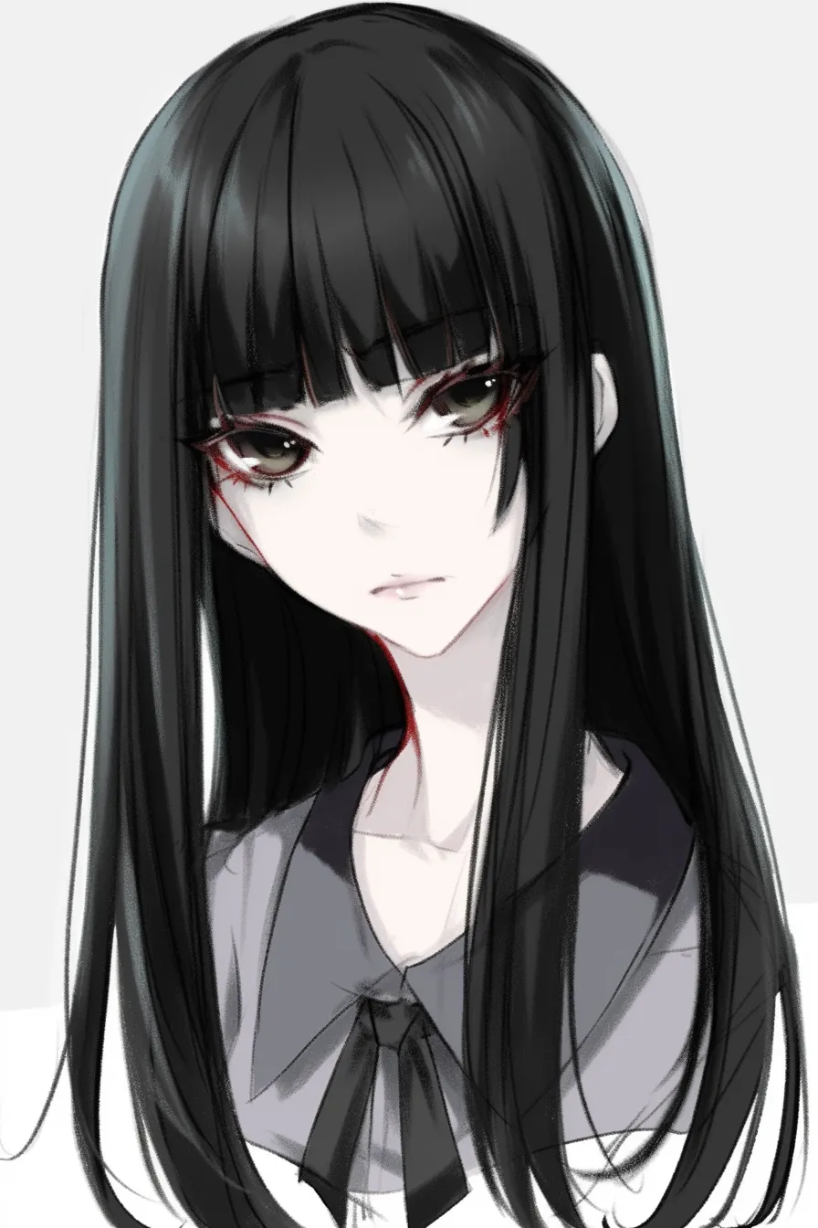 前髪　女の子（黒髪ロング＋ぱっつん）｜【基本構造】額を直線的に覆うぱっつん前髪を採用し、サイドは長めに残す描き方です。全体はまっすぐなロングで統一しています。<br>【演出の方向性】ぱっつんの強いラインがミステリアスさを強め、陰影を効かせることで不思議で妖艶な雰囲気を生みます。視線が印象的に残る演出です。<br>