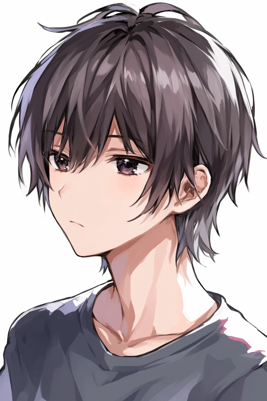 前髪　男（黒髪＋無造作感）｜【基本構造】前髪を長めにして目尻へ流し、サイドを跳ねさせる描き方です。首筋のラインに沿って髪が揺れるように配置されています。<br>【演出の方向性】少し乱れた毛束がアンニュイさを強調し、静かな眼差しと合わせて思索的で大人びた雰囲気を作ります。<br>