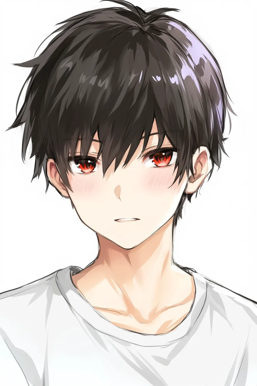 前髪　男（黒髪＋赤瞳アクセント）｜【基本構造】目にかかるほどの長さの前髪を無造作に散らす描き方です。左右非対称のシルエットで変化を付けています。<br>【演出の方向性】燃えるような赤い瞳との対比で、感情の激しさや内面の強さを印象付けます。対立や戦闘的な場面にも映える演出です。<br>