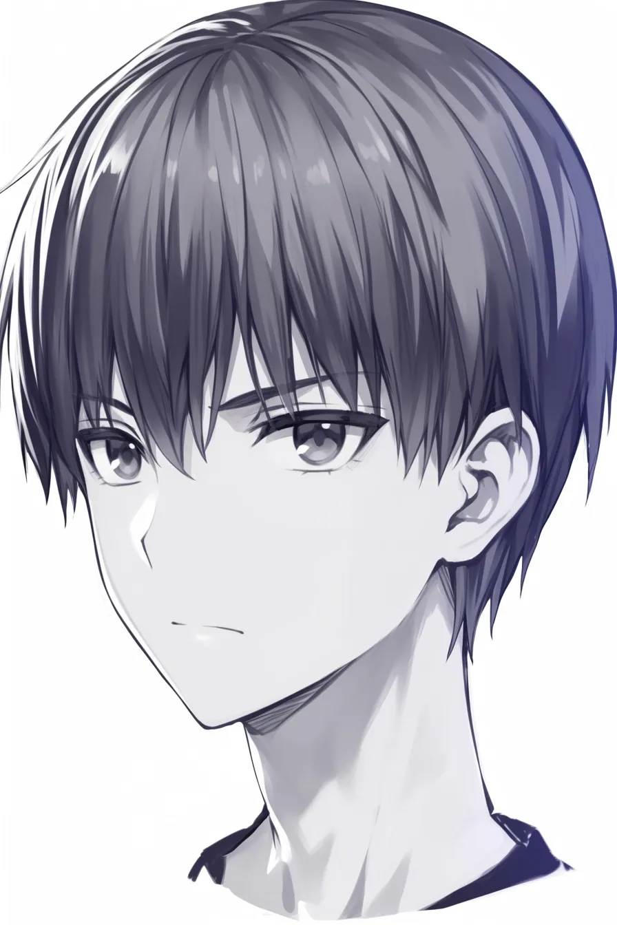 前髪　男（モノクロ＋硬質ライン）｜【基本構造】均一なラインで切り揃えた前髪を、目の上ぎりぎりに落とす描き方です。輪郭や髪の流れをモノクロでシャープに表現しています。<br>【演出の方向性】抑制された線の表現が緊張感を強め、冷静沈着なキャラクター像を演出します。硬質でストイックな印象を与えます。<br>
