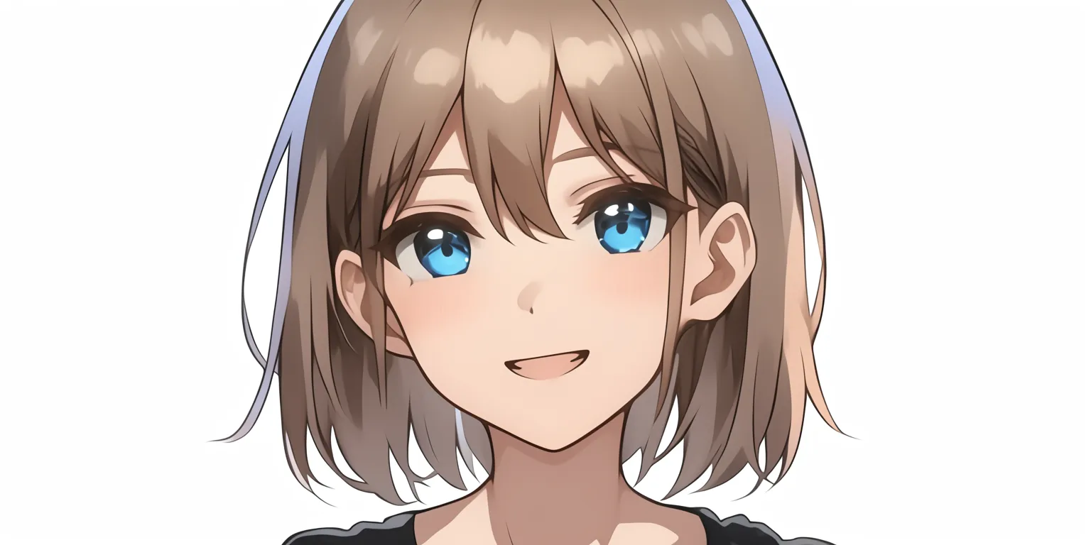 髪ハイライトの笑顔｜【基本構造】正面構図で大きく開いた目と口角を上げた笑顔を描き方の中心に据え、短めの毛先に光の筋を重ねています。<br>【演出の方向性】ハイライトの輝きが活発さを増幅し、笑顔の明るさをより強調しています。髪の光沢が生命力を象徴し、全体に快活で親しみやすい印象を与えています。<br>