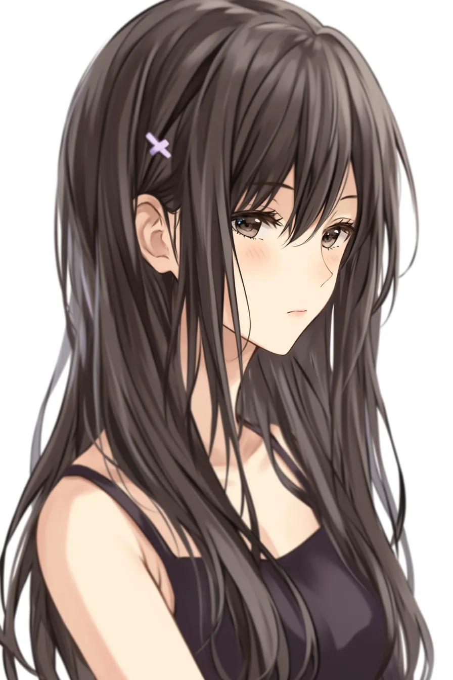 前髪ぱっつん（黒髪＋横流しアクセント）｜【基本構造】厚みのある前髪をぱっつん気味に整えつつ、部分的に横へ流す描き方です。毛先をサイドに落とし輪郭に沿わせています。<br>【演出の方向性】清楚さを保ちつつも、横流しが柔らかさを加え、落ち着いた大人びた雰囲気を演出します。<br>