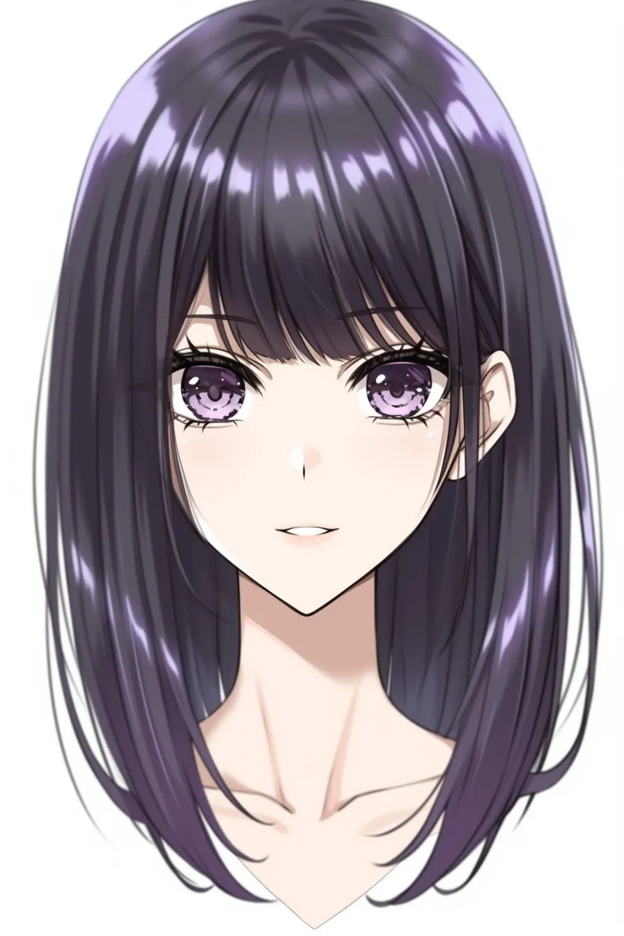 前髪ぱっつん（黒髪＋シンプルストレート）｜【基本構造】毛先を均等に切り揃え、顔の輪郭を際立たせる描き方です。前髪全体に厚みを残し、滑らかに落としています。<br>【演出の方向性】無駄のない直線が清潔感と安定感を与え、視線の強さをストレートに伝える表現です。<br>