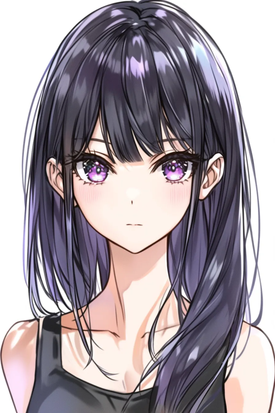 前髪ぱっつん（黒髪＋大きな瞳）｜【基本構造】目元にぴったりとかかる厚めの前髪を一直線に描き、サイドの毛を長く残して縦のシルエットを強調しています。<br>【演出の方向性】ぱっつんと対照的に大きく輝く瞳を目立たせ、透明感と幻想的な印象を強めています。<br>