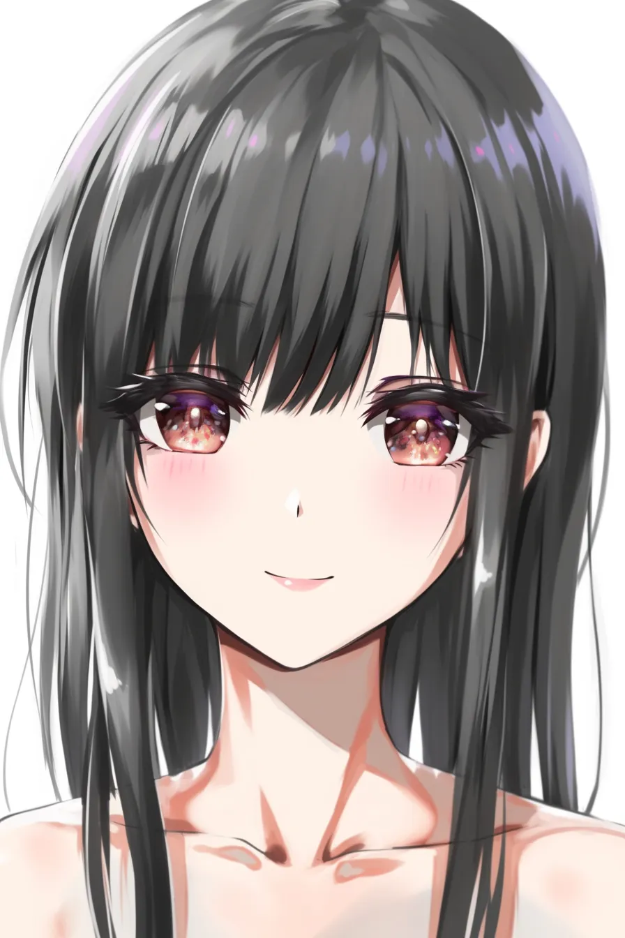 前髪ぱっつん（黒髪＋柔和な笑み）｜【基本構造】やや重ための前髪を一直線に整え、左右の毛束を顔に沿わせる描き方です。髪の流れを自然に落としバランスを保っています。<br>【演出の方向性】柔らかな笑顔と組み合わせることで、冷たさではなく温和さを演出し、親しみやすさを前面に出します。<br>