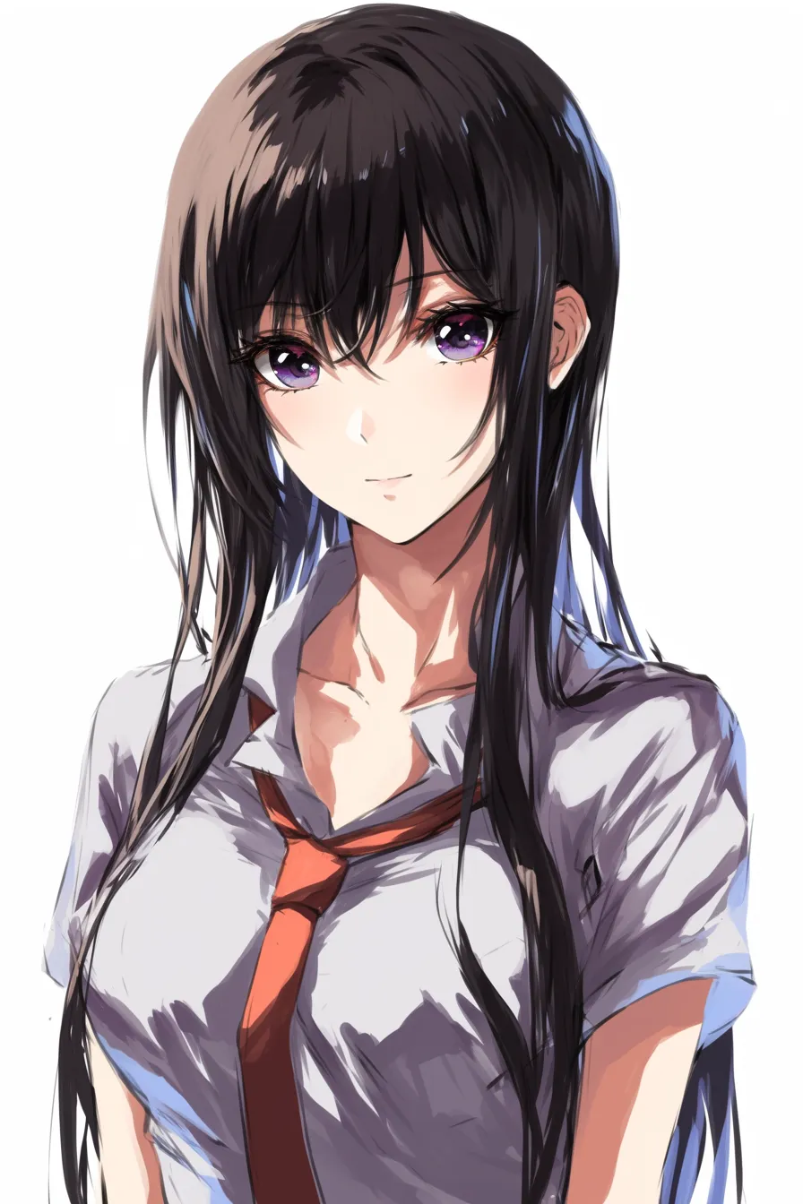 前髪ぱっつん（黒髪＋制服アレンジ）｜【基本構造】ぱっつんを基調に前髪の一部を斜めに崩し、自然な毛流れを加える描き方です。全体はストレートですが部分的に動きを持たせています。<br>【演出の方向性】制服やタイと合わせることで落ち着きと大人びた印象を強調し、知的で芯のある雰囲気を演出します。<br>