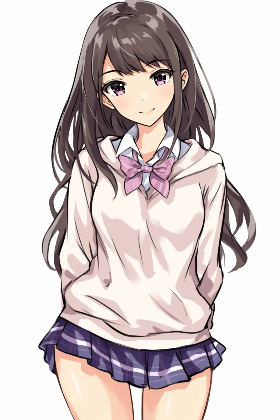 前髪ぱっつん（学生風＋微笑み）｜【基本構造】制服と合わせたロングヘアで、前髪を額にかかるように均等に整える描き方です。全体を柔らかく散らし、動きを与えています。<br>【演出の方向性】ぱっつんの端正さと微笑みの柔らかさが調和し、親しみやすさと純粋さを兼ね備えた印象を与えます。<br>