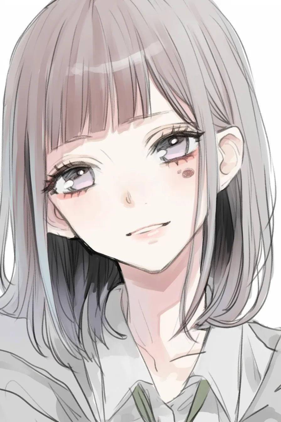 前髪ぱっつん（ショートボブ＋柔らかタッチ）｜【基本構造】短めのボブに前髪を均一に切り揃え、軽い色合いで描き方を仕上げています。顔周りは丸みを強調しています。<br>【演出の方向性】優しい色合いと前髪の直線が相まって、清楚さと柔和な雰囲気を与えます。表情が明るく映える効果を持っています。<br>