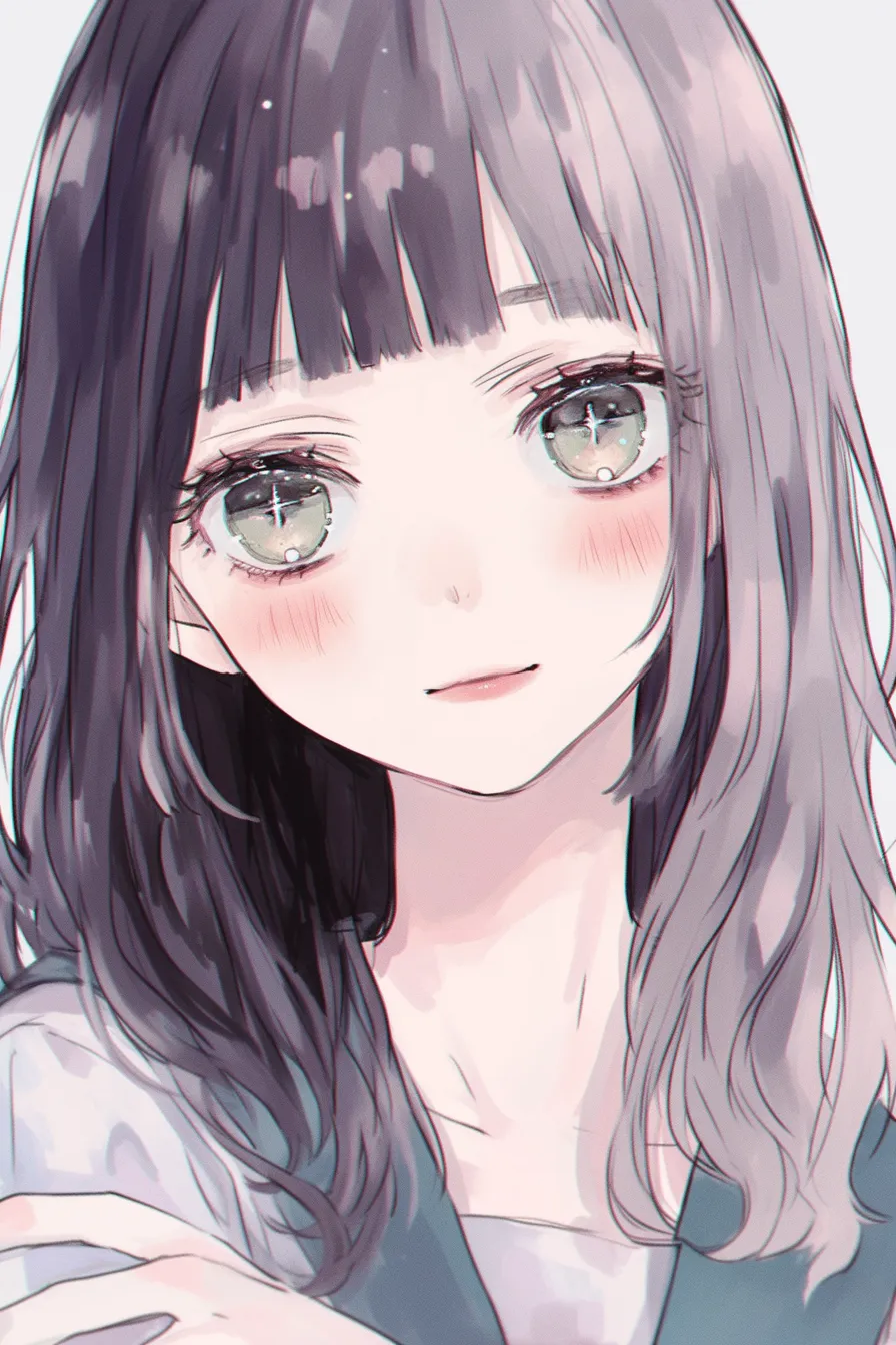 前髪ぱっつん（ふんわり質感＋星瞳）｜【基本構造】均等に整えた前髪を軽く崩し、ふんわりと柔らかさを持たせた描き方です。頬にかかる毛束で立体感を強調しています。<br>【演出の方向性】星のように輝く瞳との組み合わせが幻想的で、ロマンチックな雰囲気を生み出します。繊細で夢見がちな印象になります。<br>