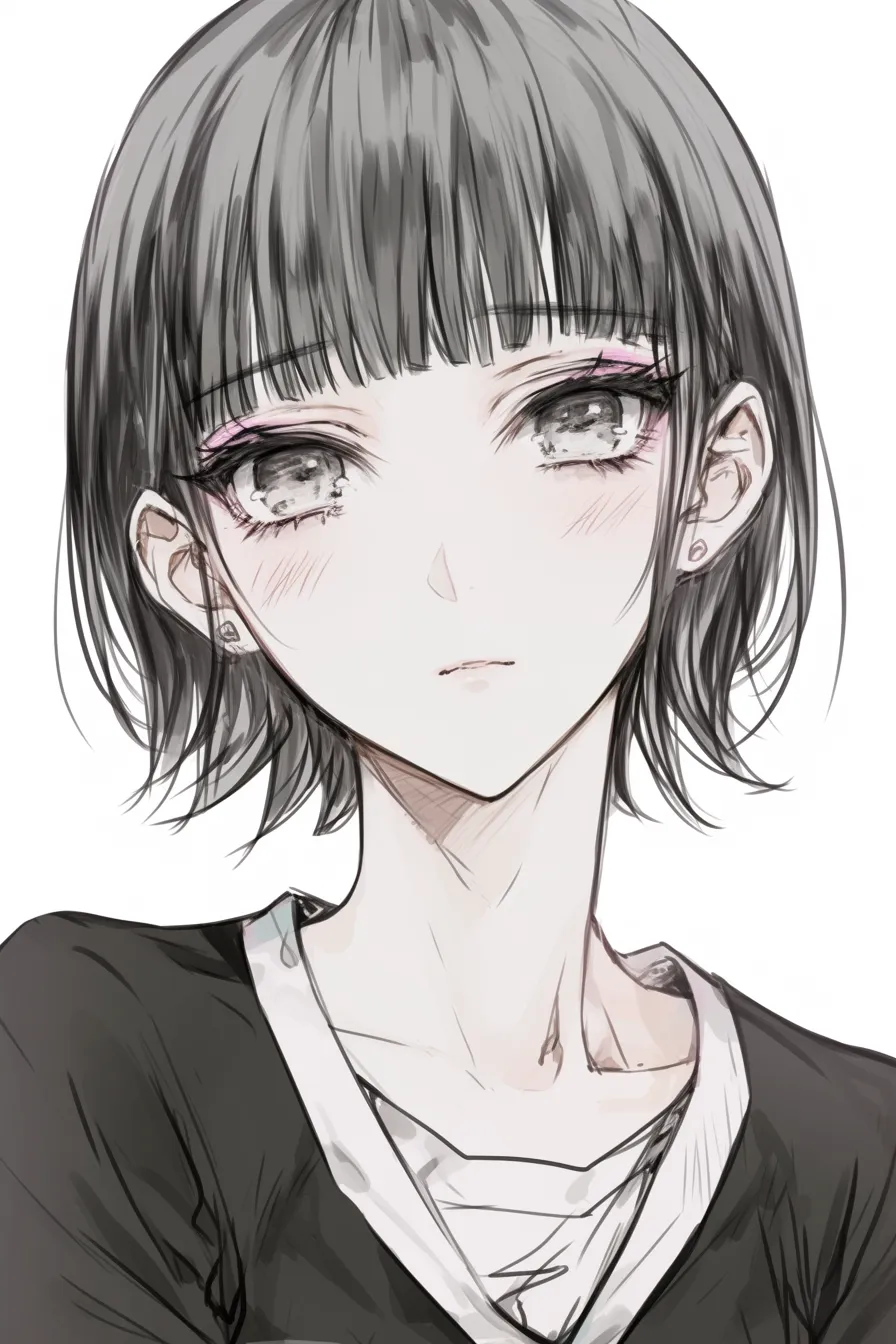 前髪ぱっつん（黒髪ミディアム＋大人感）｜【基本構造】前髪を眉の高さにぱっつんで切り、サイドは軽く外へ流す描き方です。ミディアムヘアで顔回りをシャープに見せています。<br>【演出の方向性】冷静さと大人びた雰囲気を強調し、目元の落ち着いた印象を引き立てます。端正でシックなキャラクター像を演出します。<br>