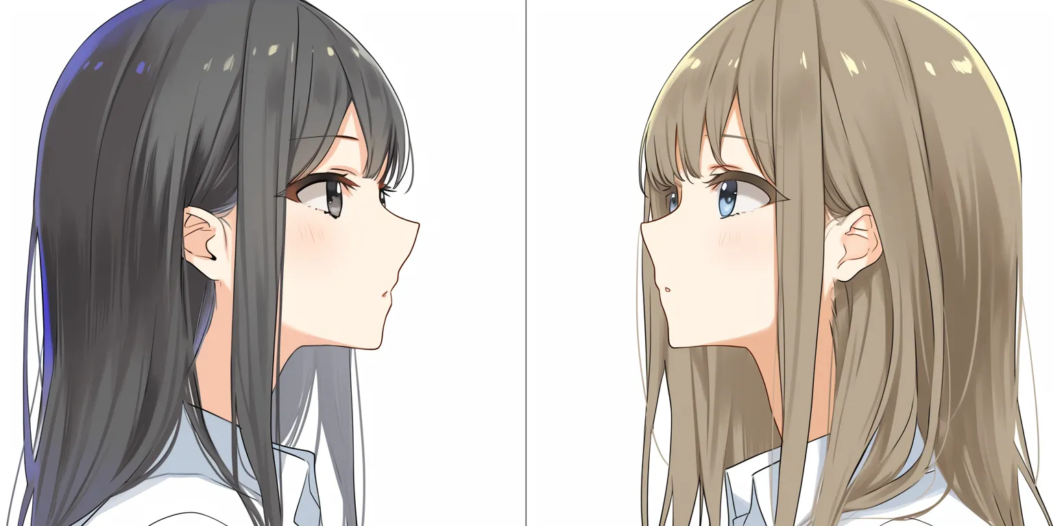 髪型の対比構図｜【基本構造】2人を対面させる描き方で、黒髪と明るい髪を対比させています。髪の長さや流れをシンプルに整理しています。<br>【演出の方向性】色調の違いが互いの印象を補完し、対照的な個性を際立たせます。髪型が関係性を示す視覚的な役割を果たしています。<br>